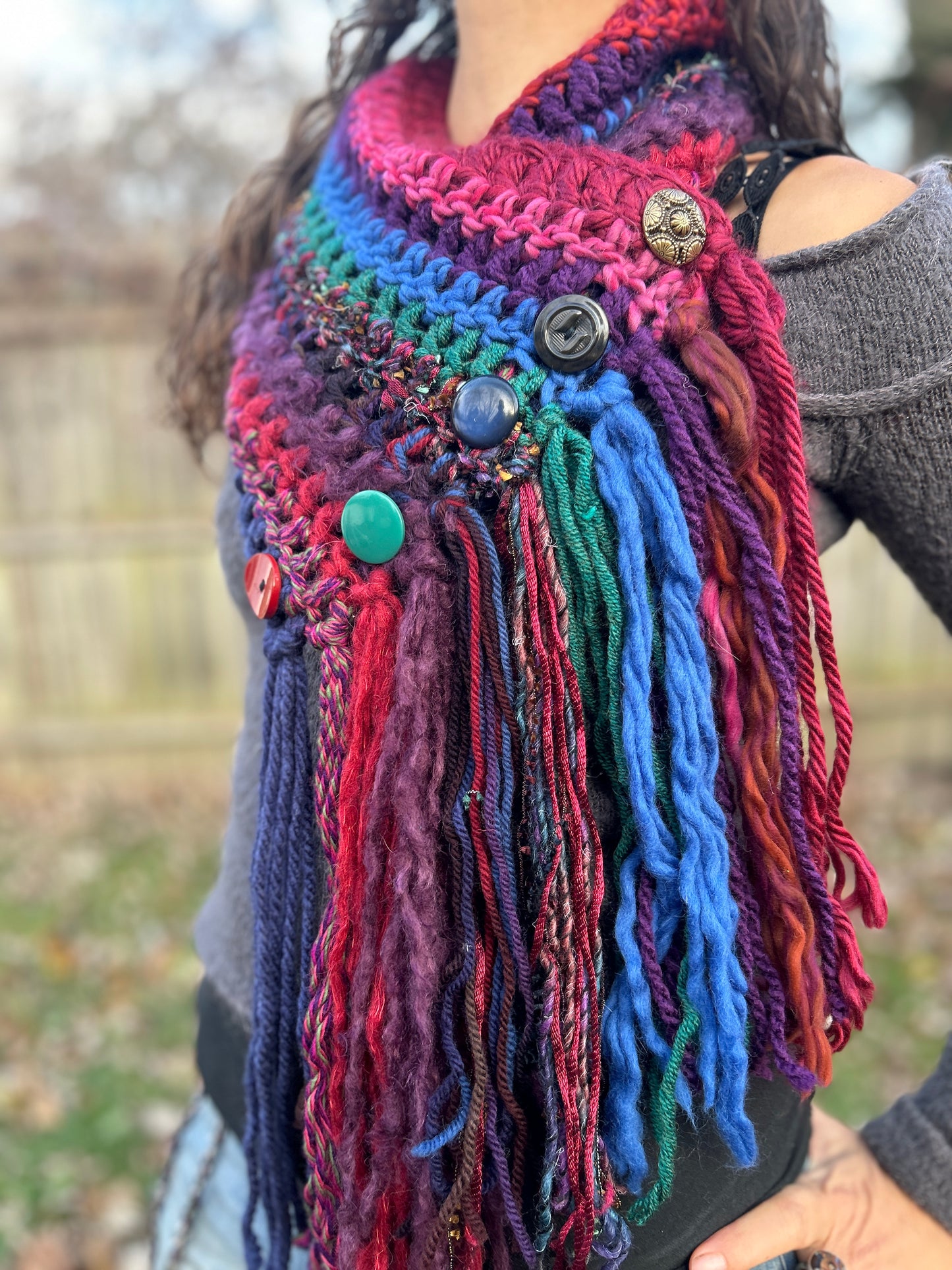 Jeweltone Boho fringe cowl with vintage buttons