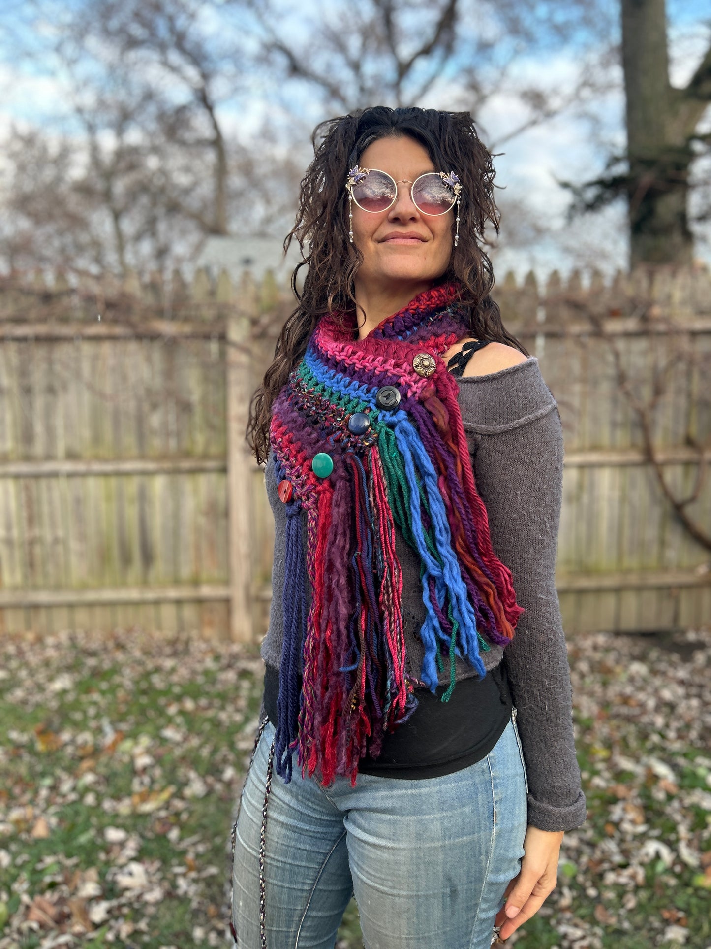 Jeweltone Boho fringe cowl with vintage buttons