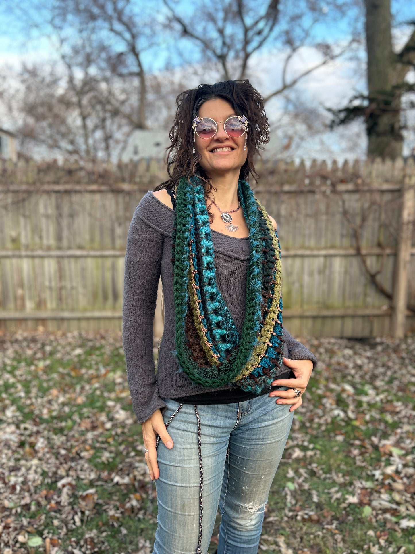 Teal/Brown/green infinity scarf
