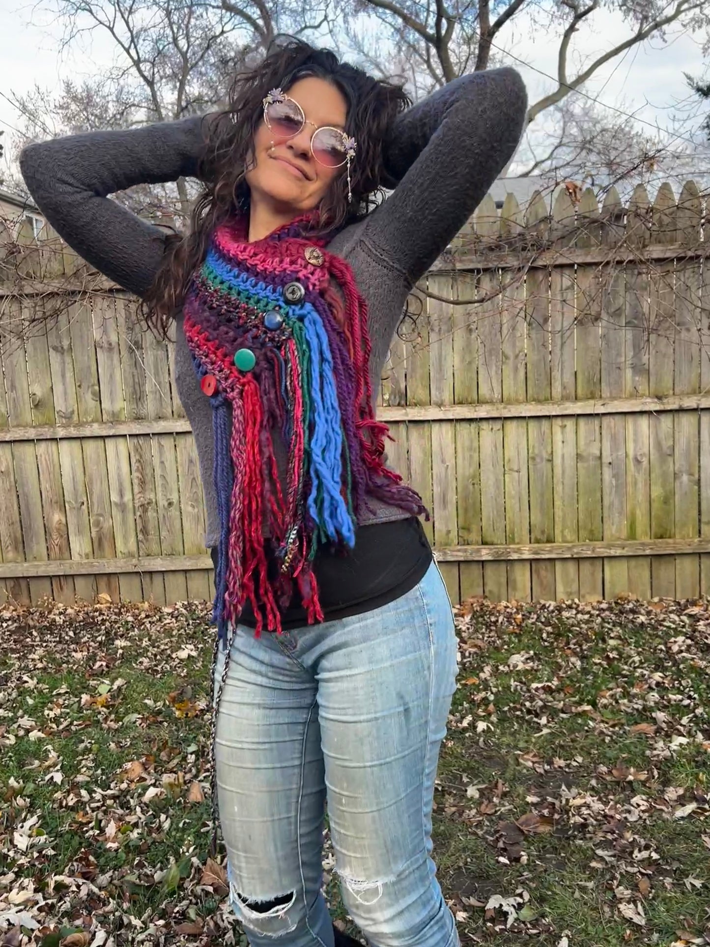 Jeweltone Boho fringe cowl with vintage buttons