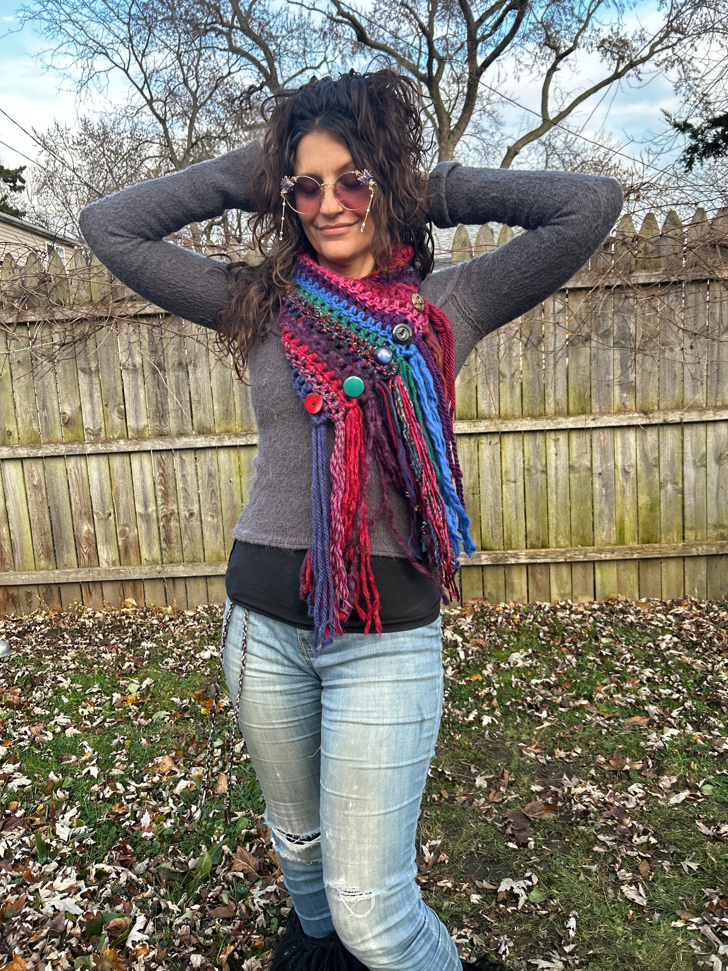 Jeweltone Boho fringe cowl with vintage buttons