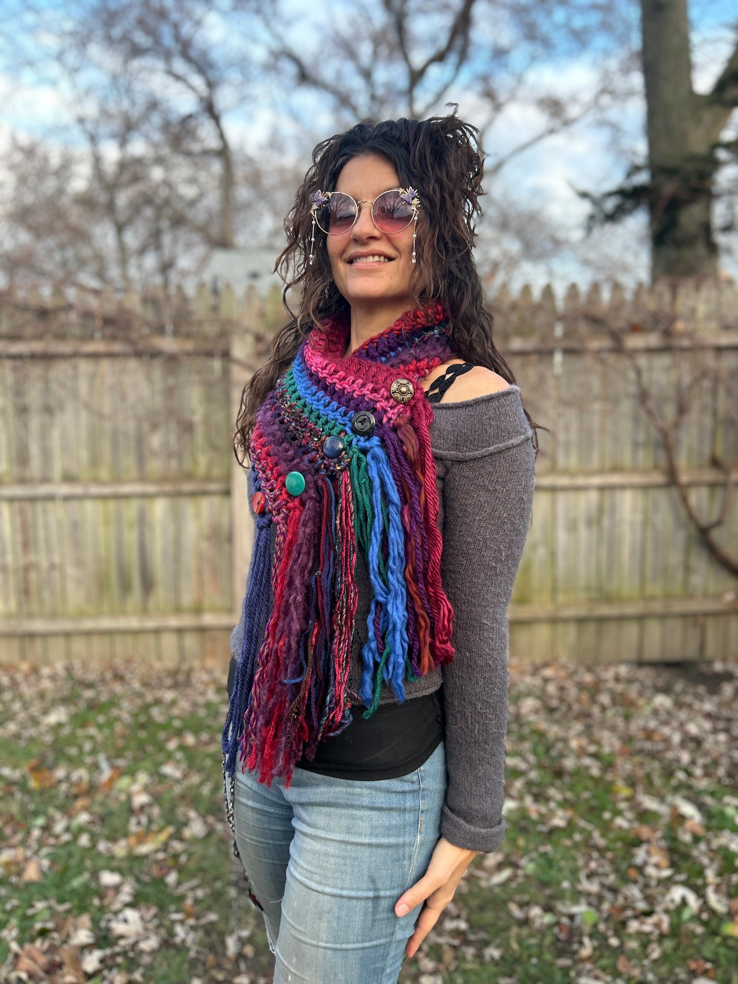 Jeweltone Boho fringe cowl with vintage buttons