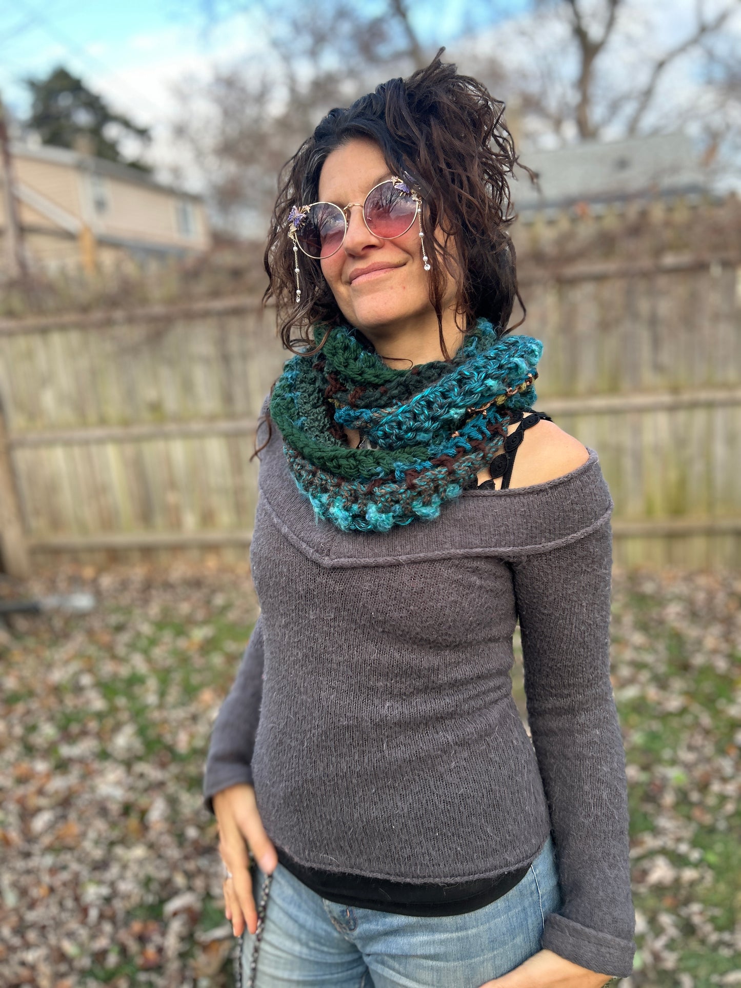 Teal/Brown/green infinity scarf