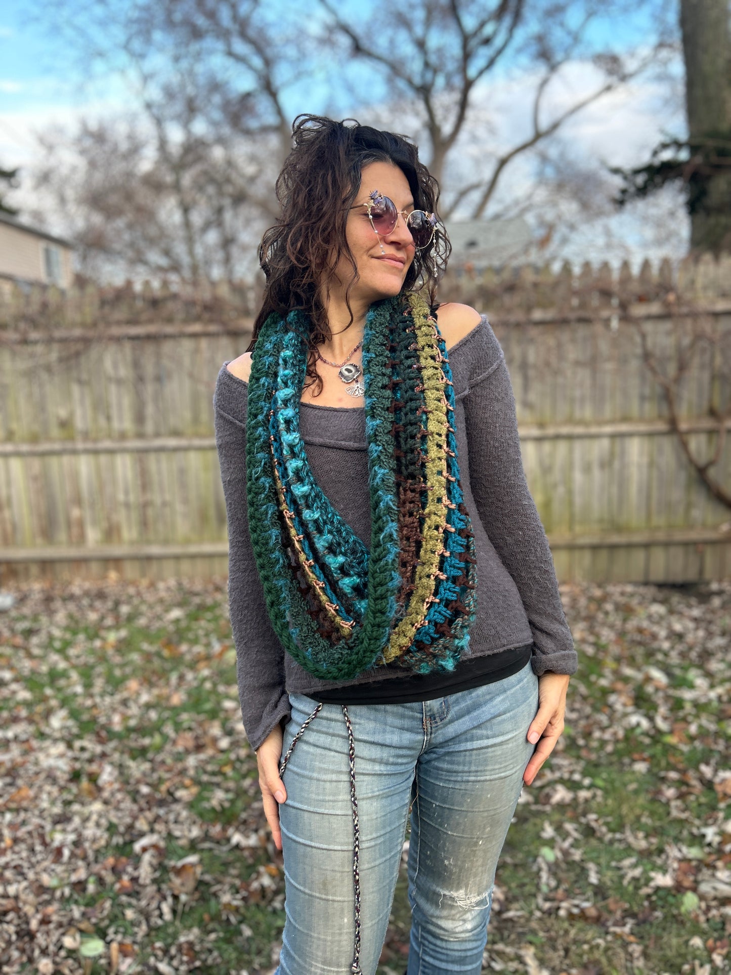 Teal/Brown/green infinity scarf