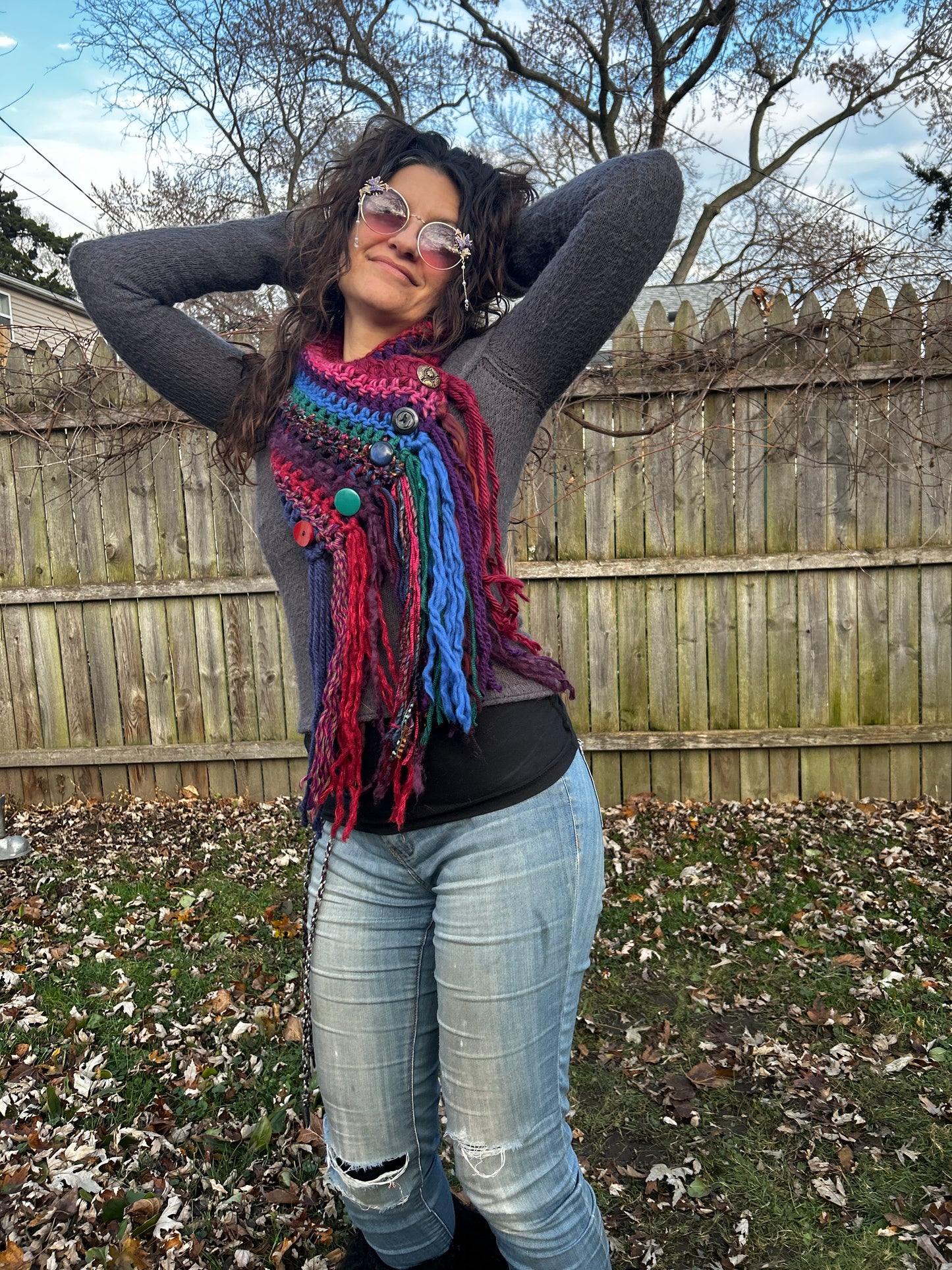 Jeweltone Boho fringe cowl with vintage buttons