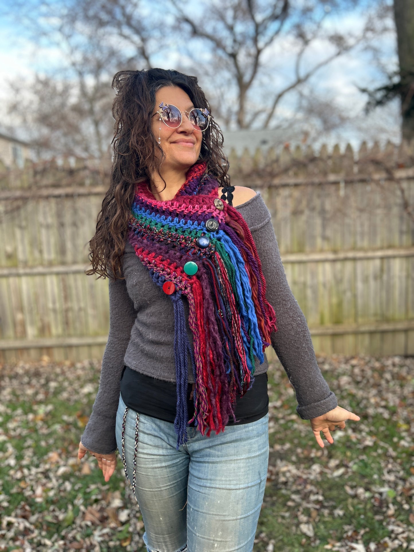 Jeweltone Boho fringe cowl with vintage buttons
