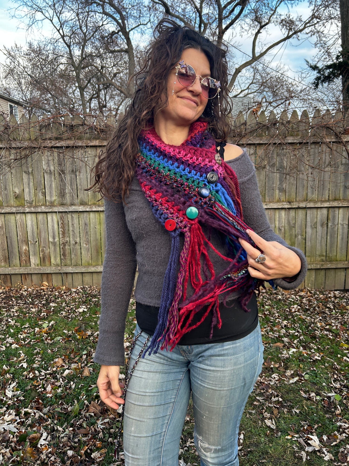 Jeweltone Boho fringe cowl with vintage buttons