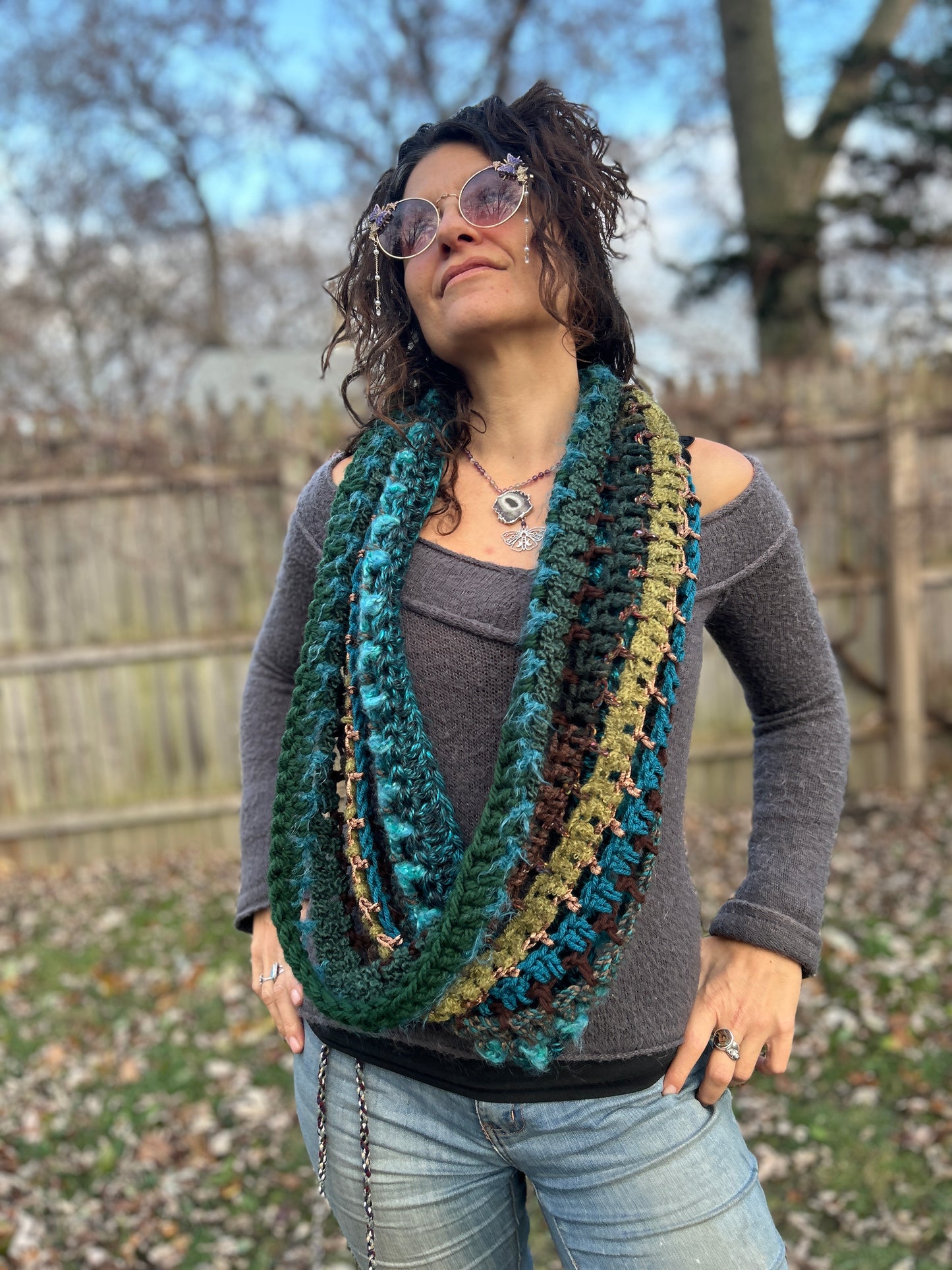 Teal/Brown/green infinity scarf
