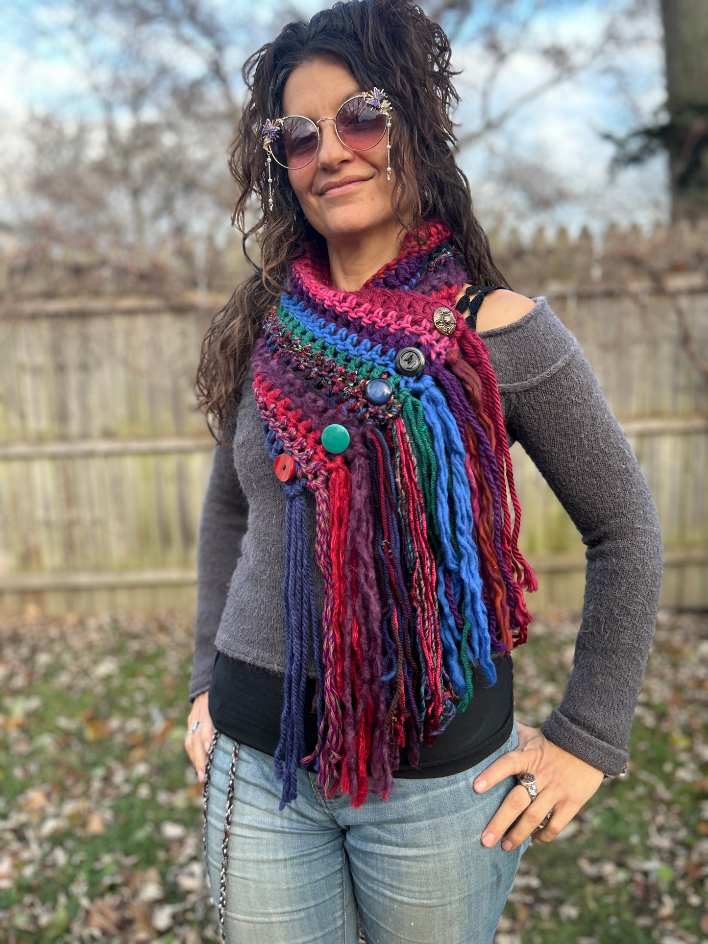 Jeweltone Boho fringe cowl with vintage buttons