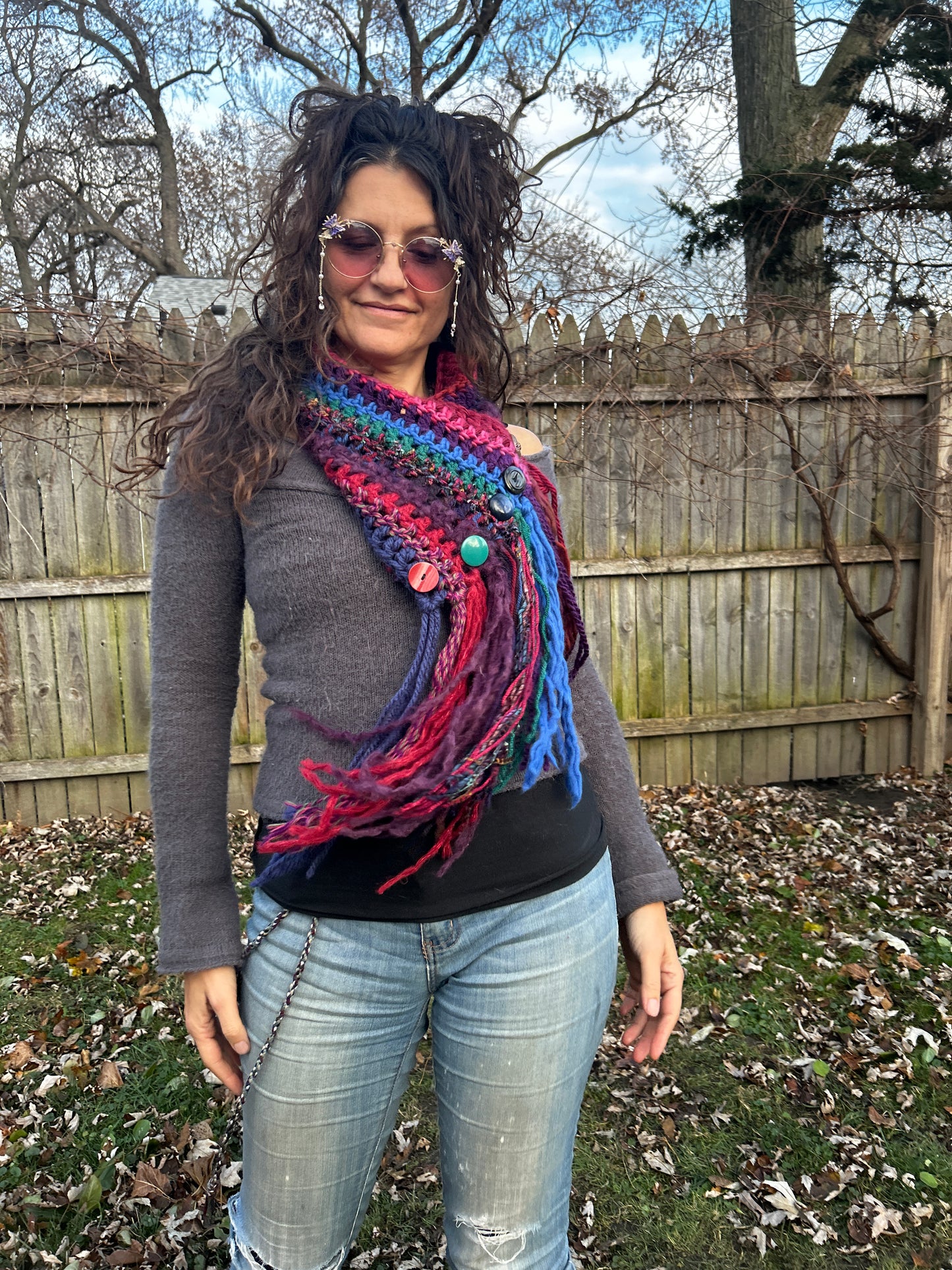 Jeweltone Boho fringe cowl with vintage buttons