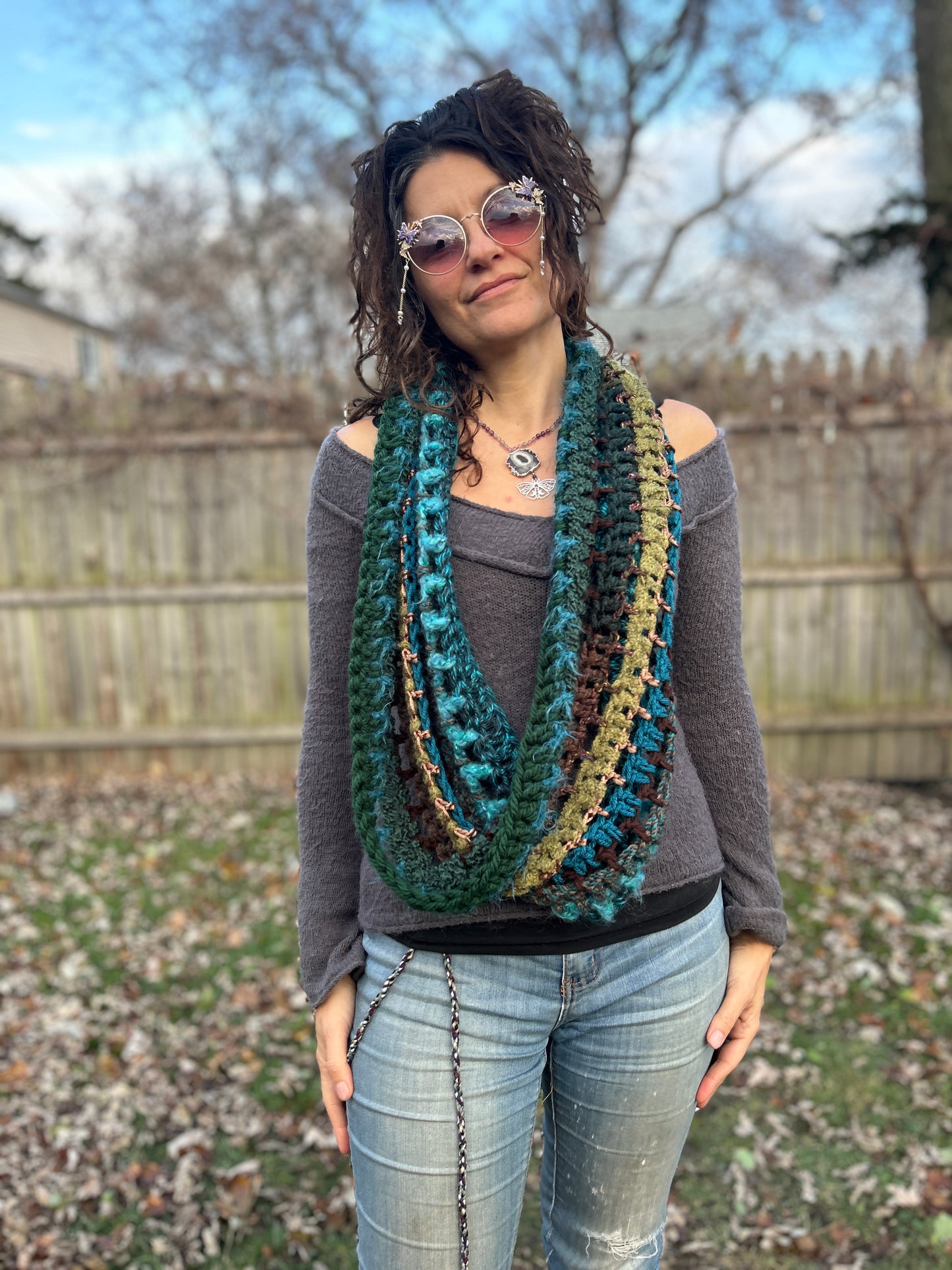 Teal/Brown/green infinity scarf