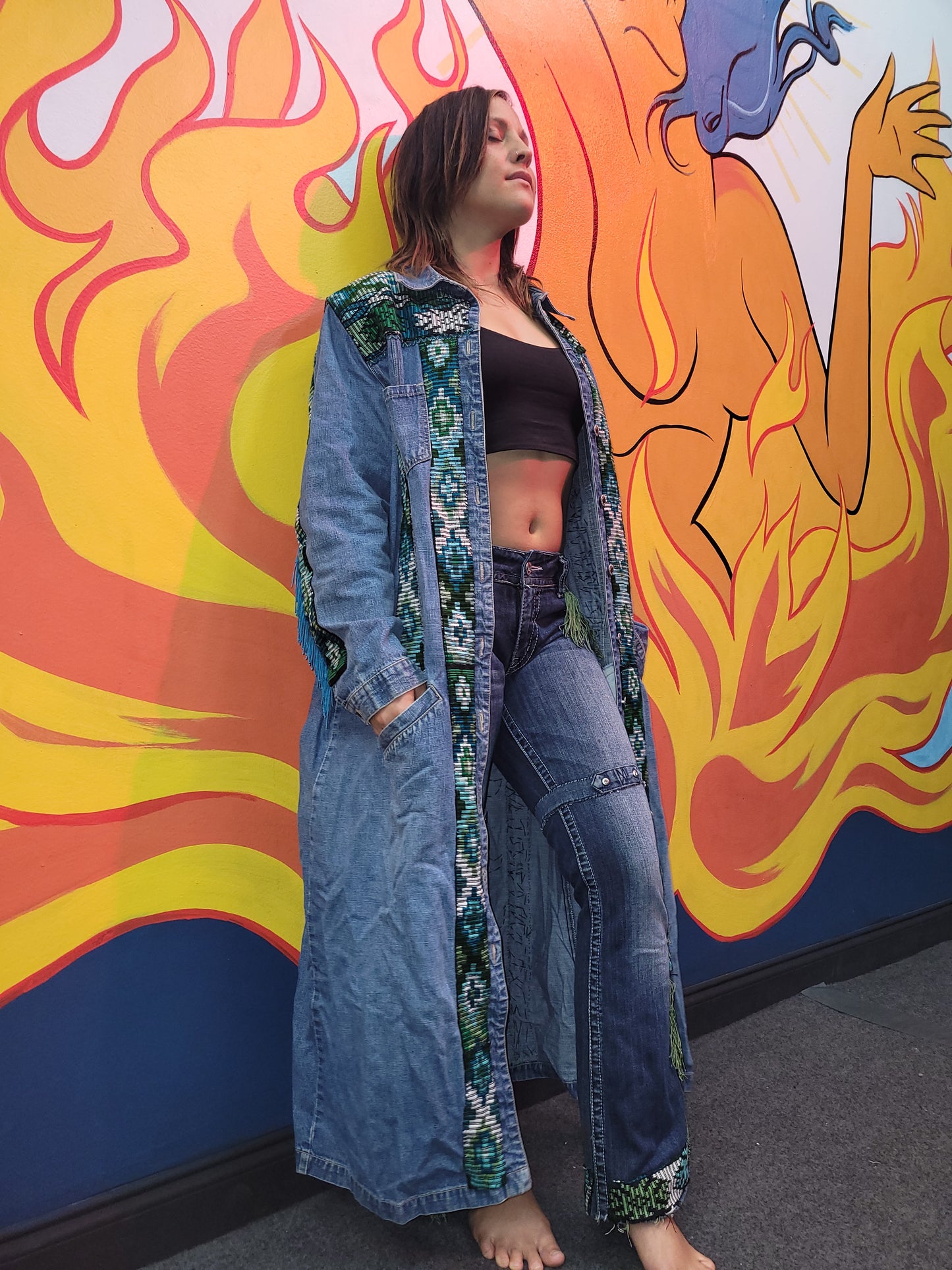 Denim Mayan Long Coat with Denim Pants