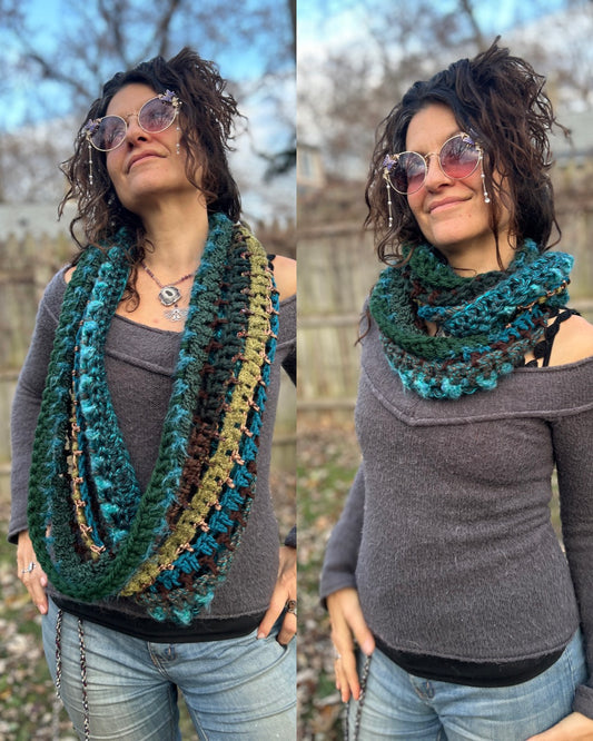 Teal/Brown/green infinity scarf