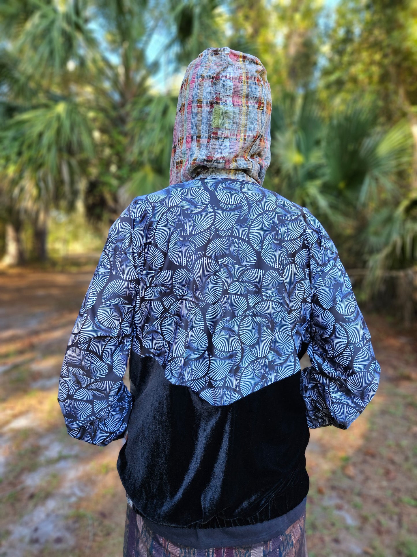 Hooded Jacket - Black and White print / Black Velvet