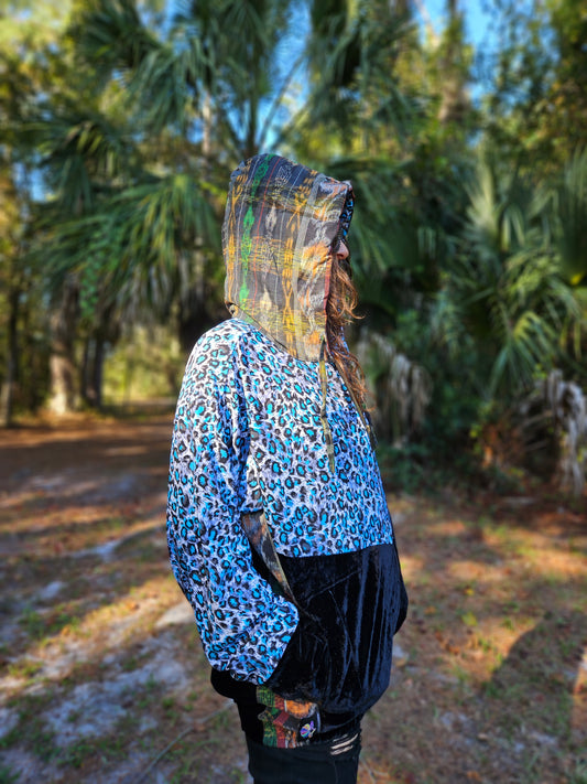 Hooded Jacket - Blue Leopard / Black Velvet