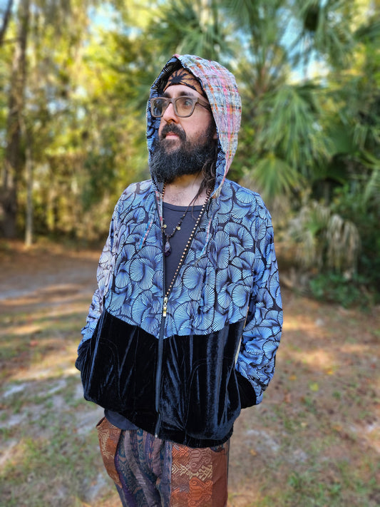 Hooded Jacket - Black and White print / Black Velvet