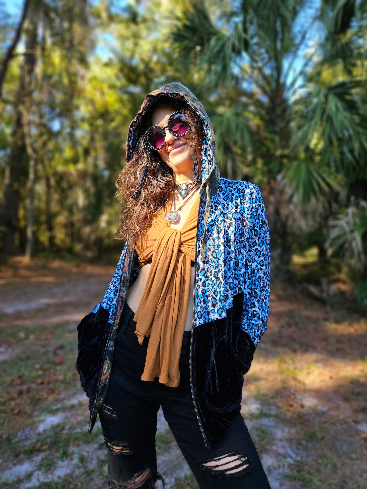 Hooded Jacket - Blue Leopard / Black Velvet