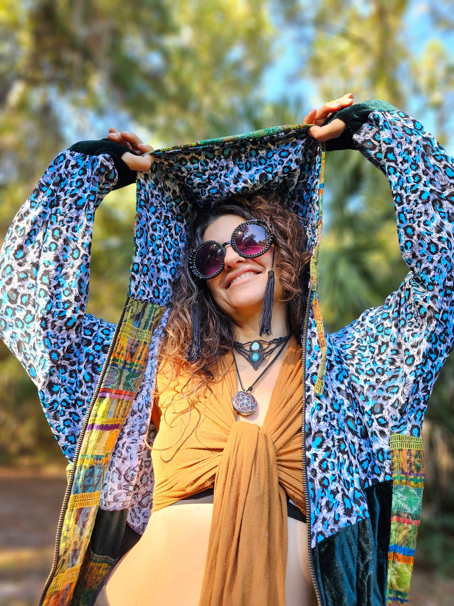 Hooded Jacket - Tropical print / Green Velvet