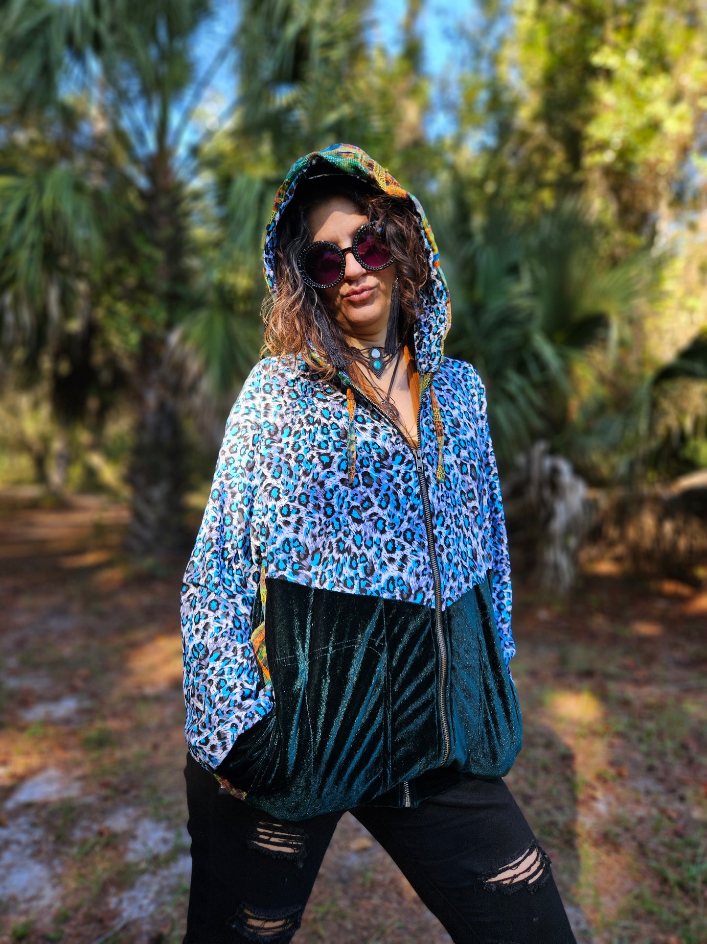 Hooded Jacket - Tropical print / Green Velvet