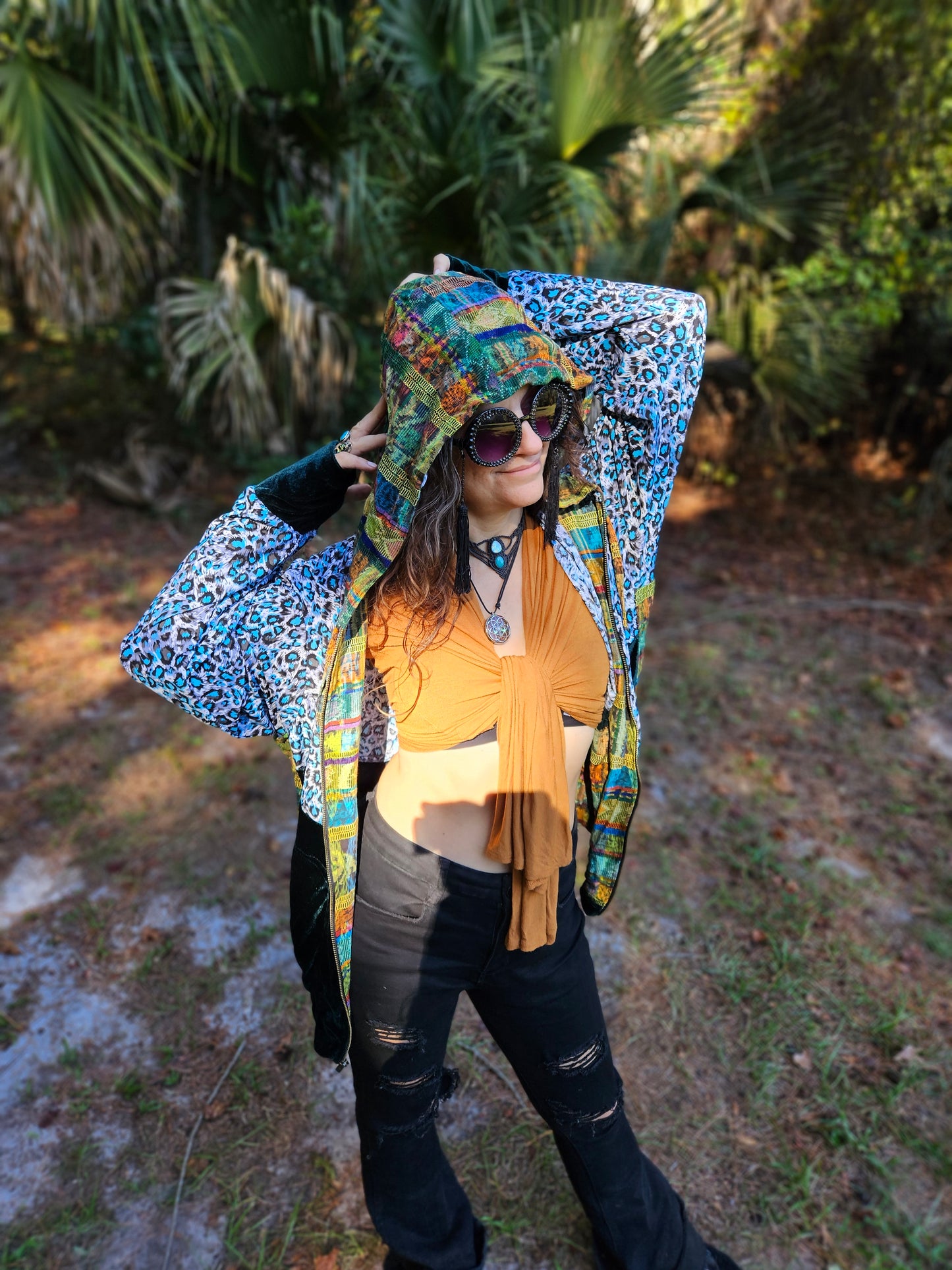 Hooded Jacket - Tropical print / Green Velvet