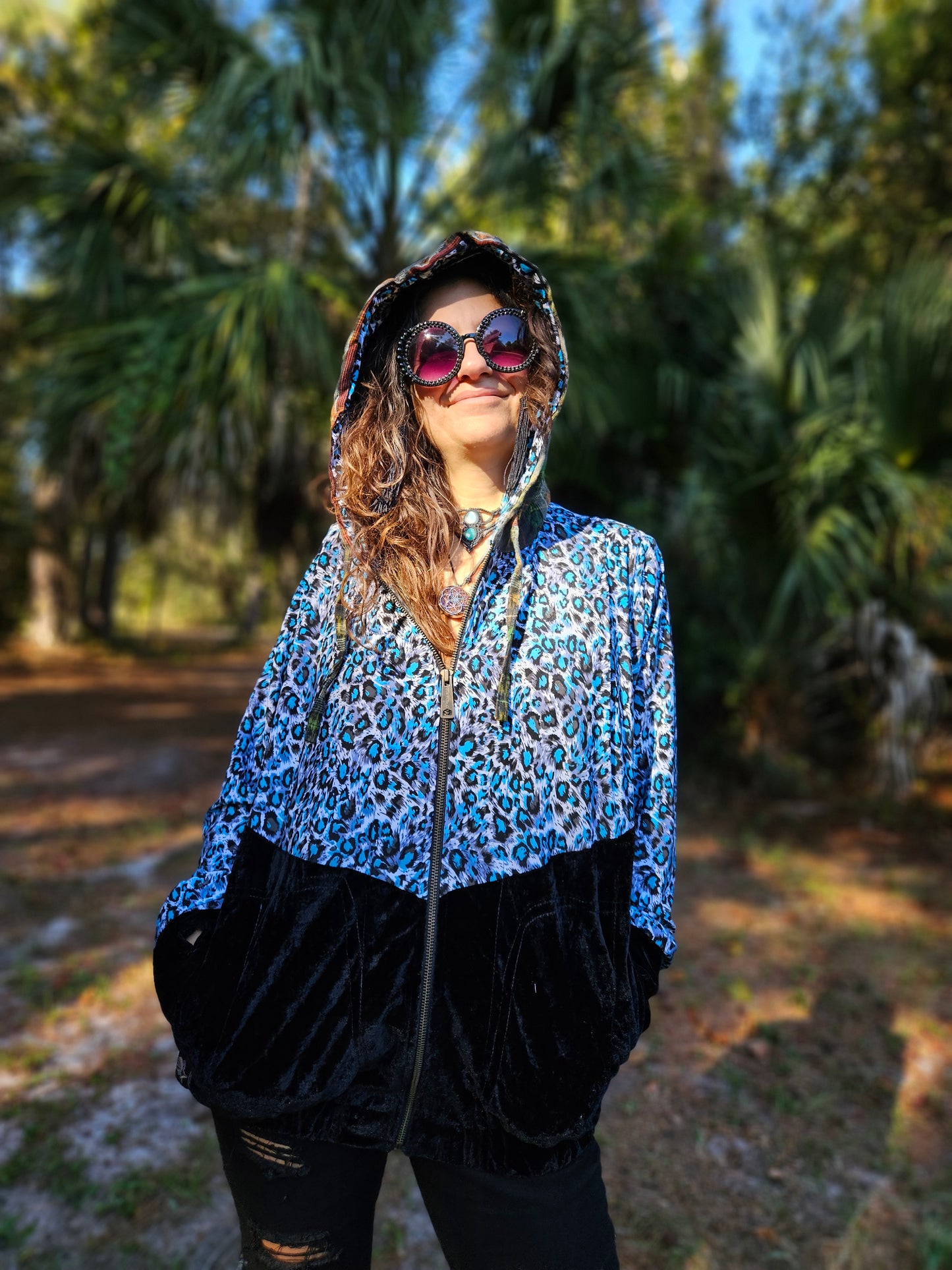 Hooded Jacket - Blue Leopard / Black Velvet