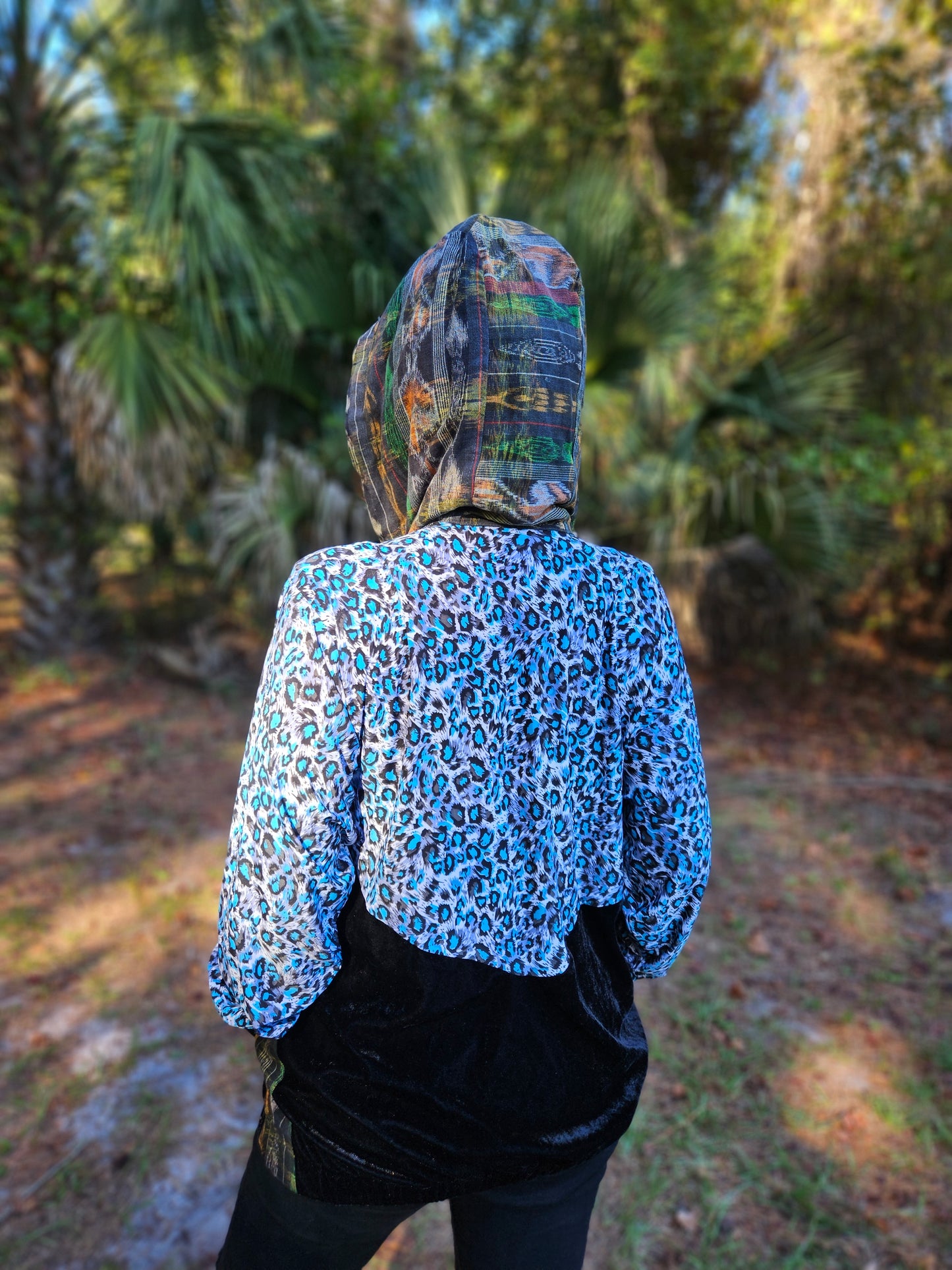 Hooded Jacket - Blue Leopard / Black Velvet