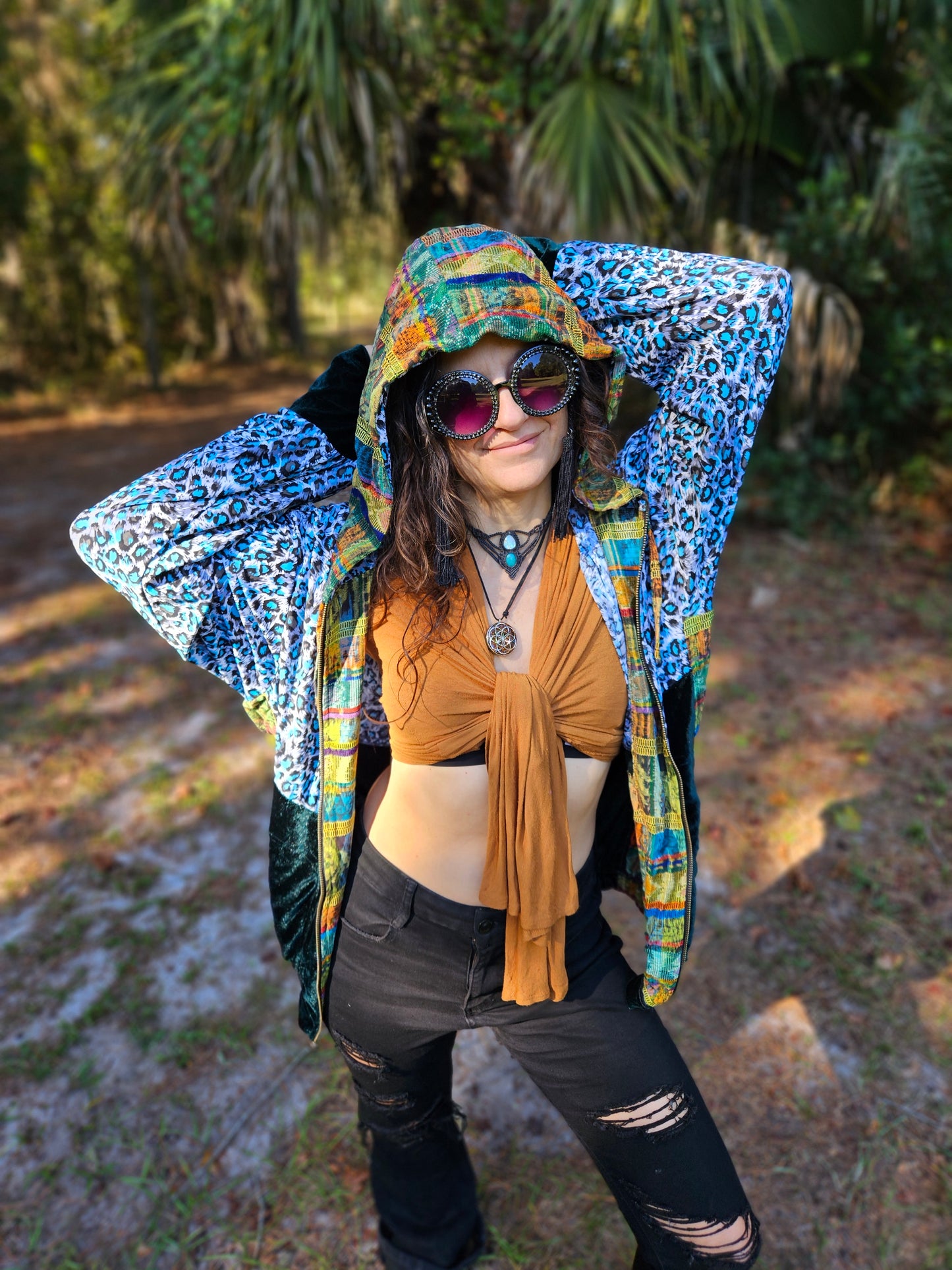 Hooded Jacket - Tropical print / Green Velvet