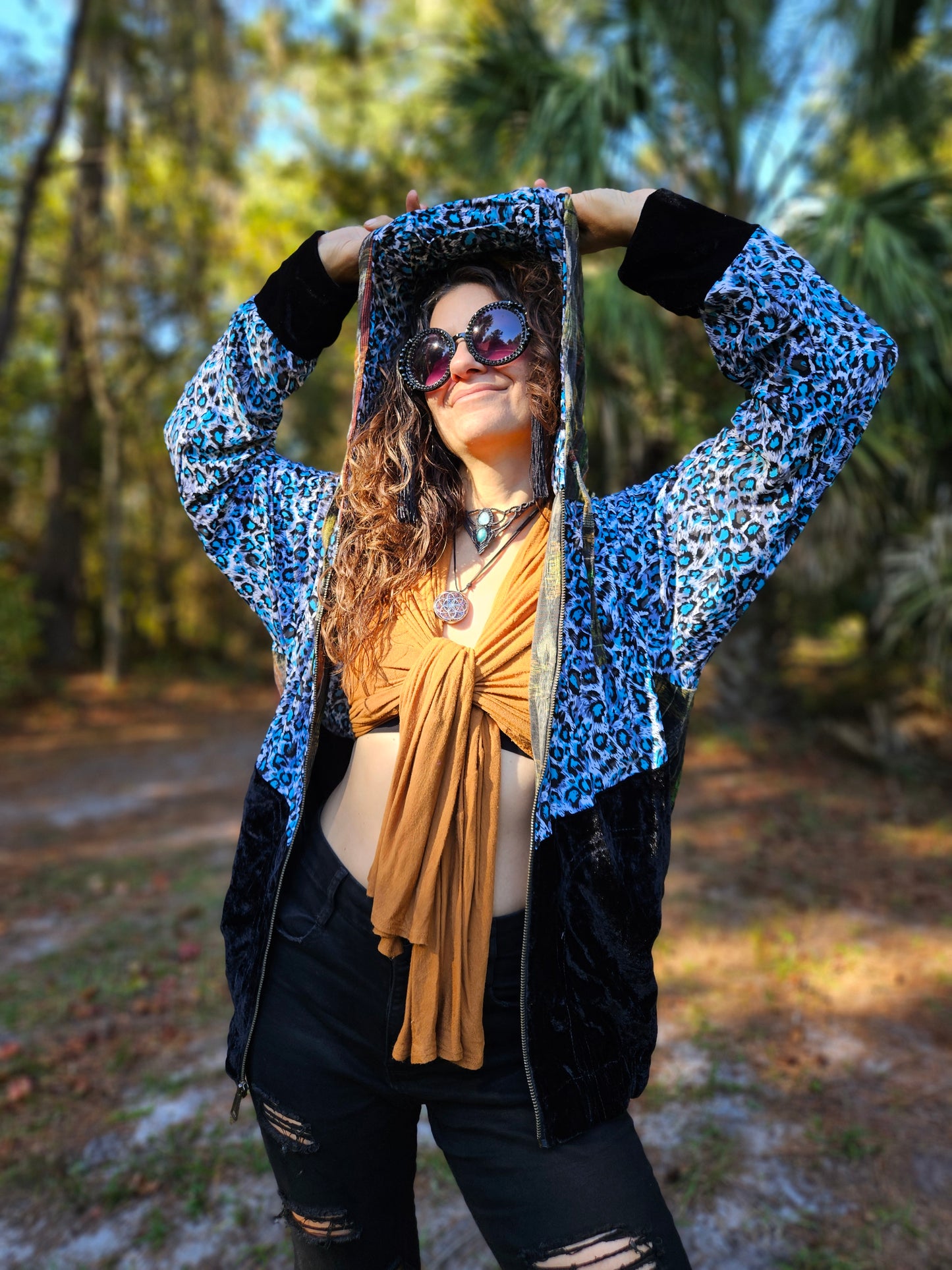 Hooded Jacket - Blue Leopard / Black Velvet