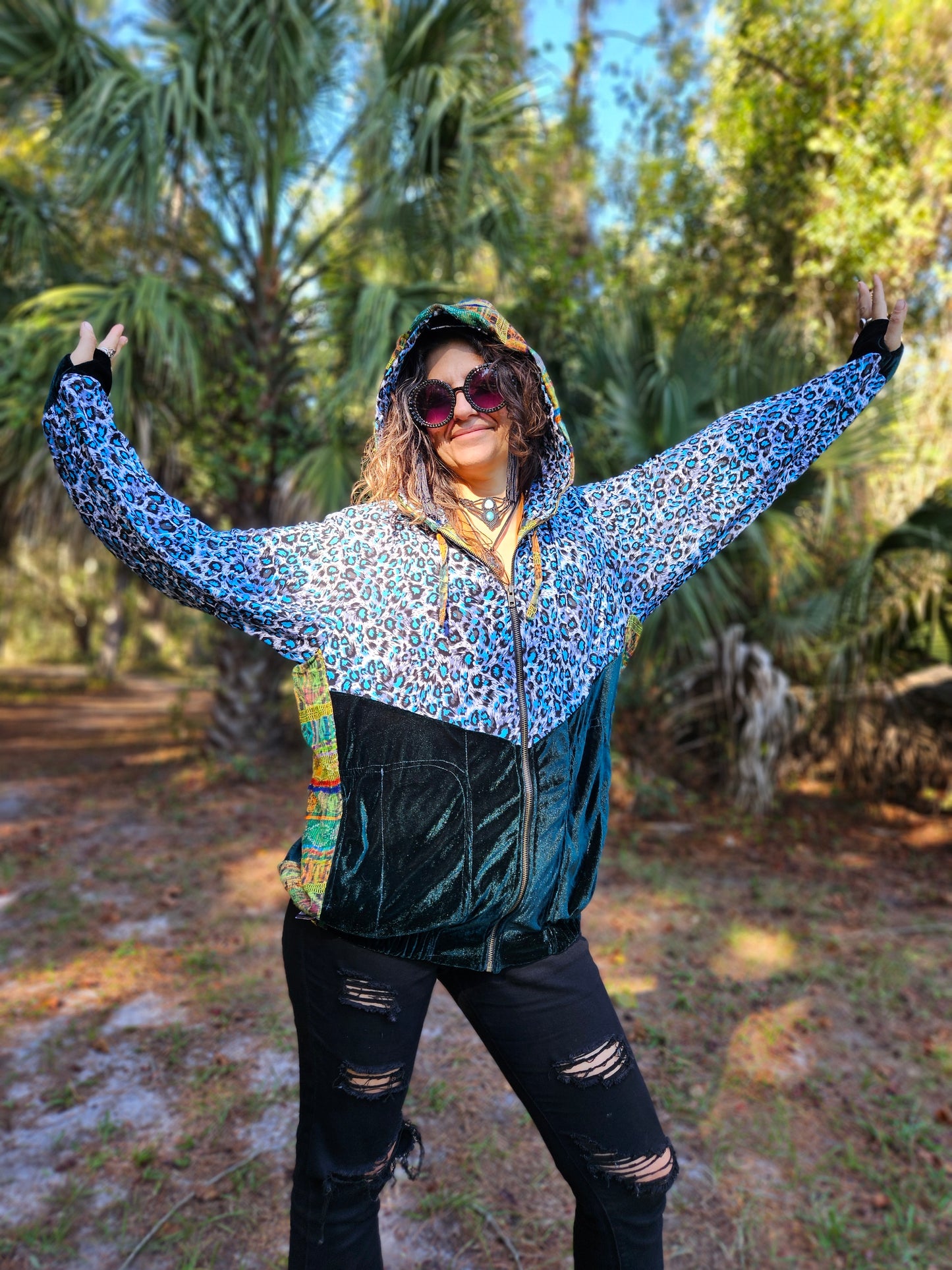 Hooded Jacket - Tropical print / Green Velvet