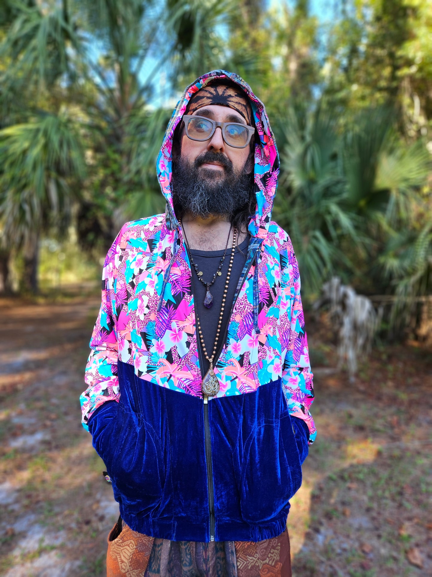 Hooded Jacket - Tropical print / Blue Velvet
