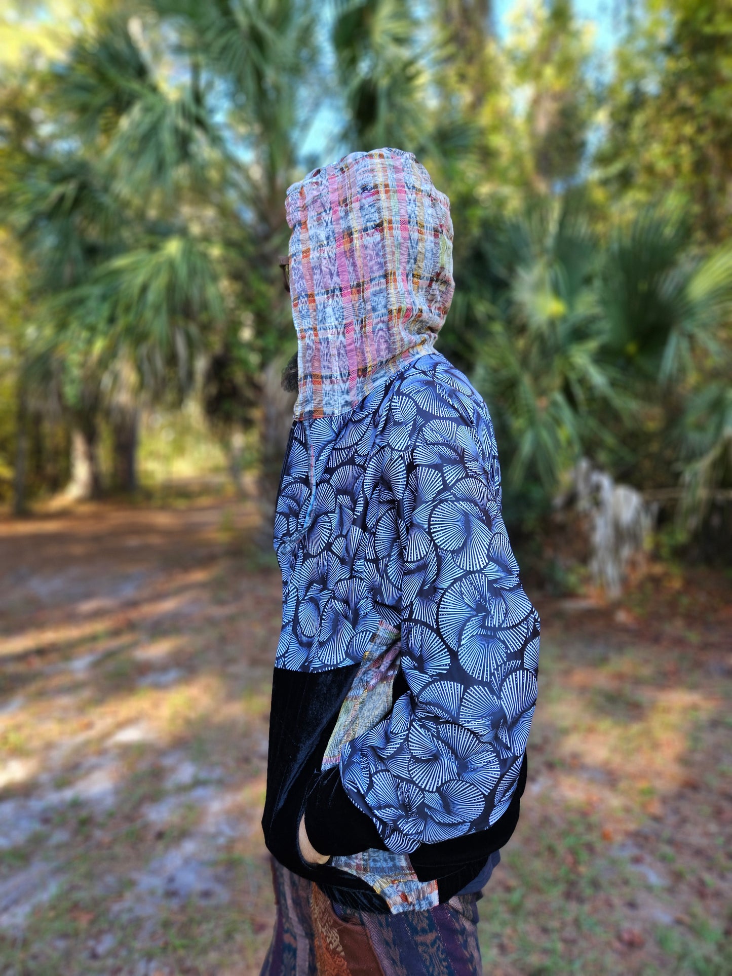 Hooded Jacket - Black and White print / Black Velvet