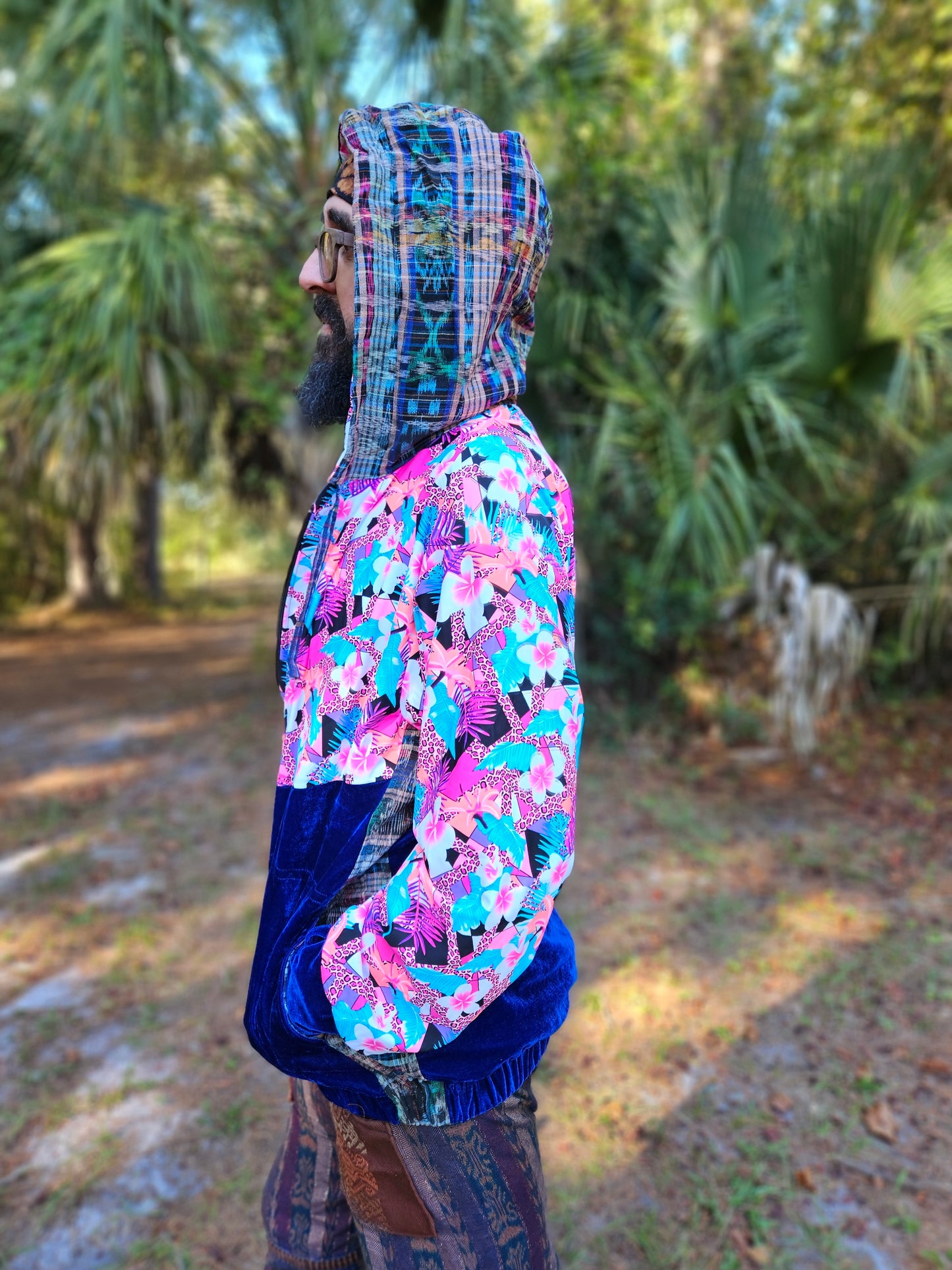 Hooded Jacket - Tropical print / Blue Velvet