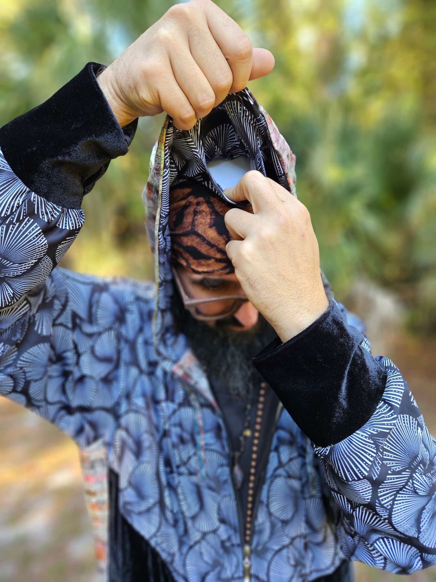 Hooded Jacket - Black and White print / Black Velvet