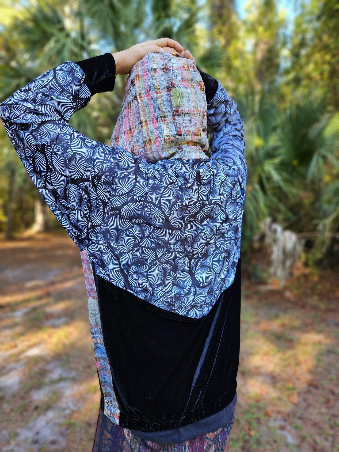 Hooded Jacket - Black and White print / Black Velvet